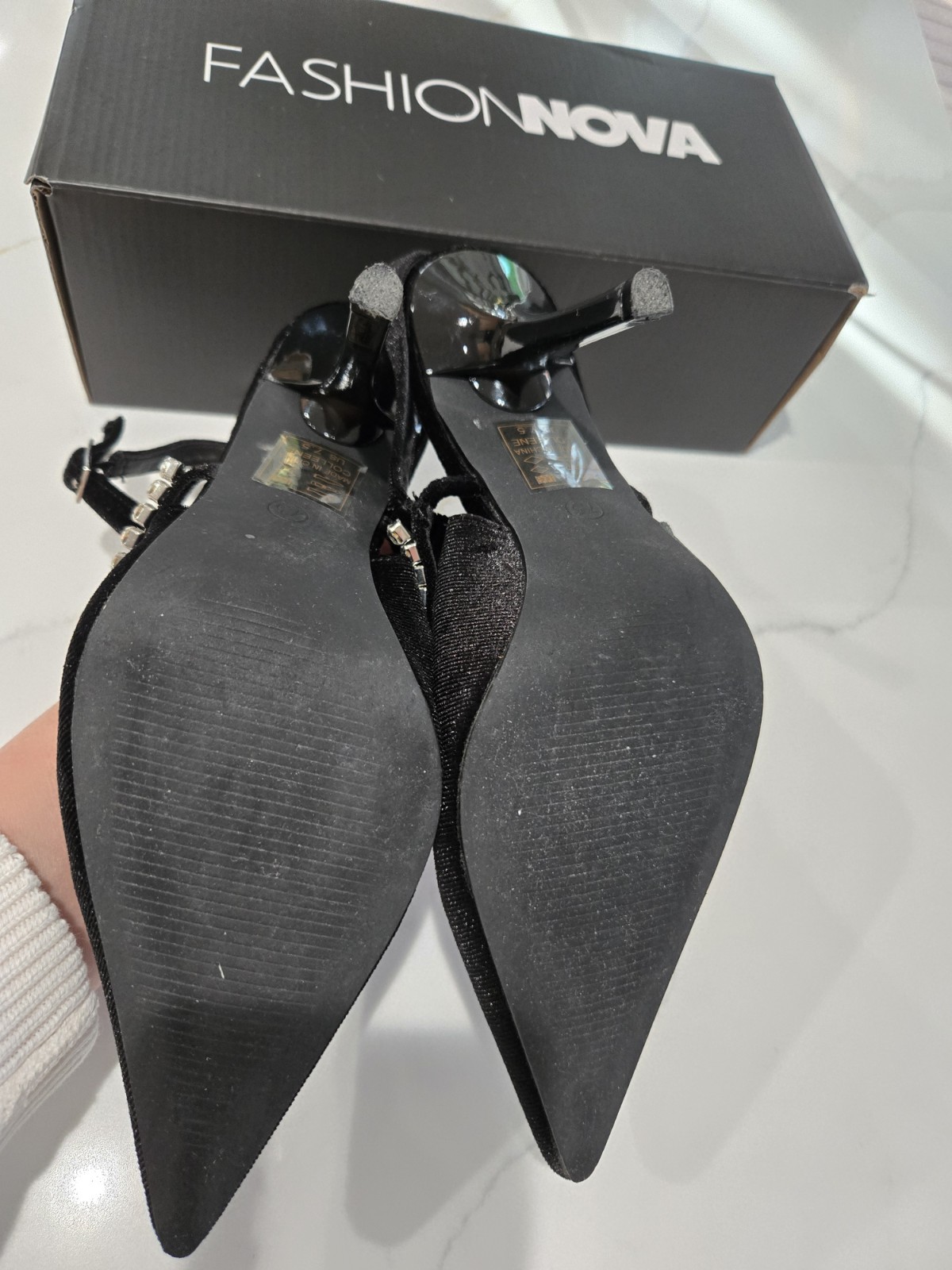 FASHION NOVA Size 7.5 Slingback Kitten Toe High Heels Velvet Pumps Rhinestones