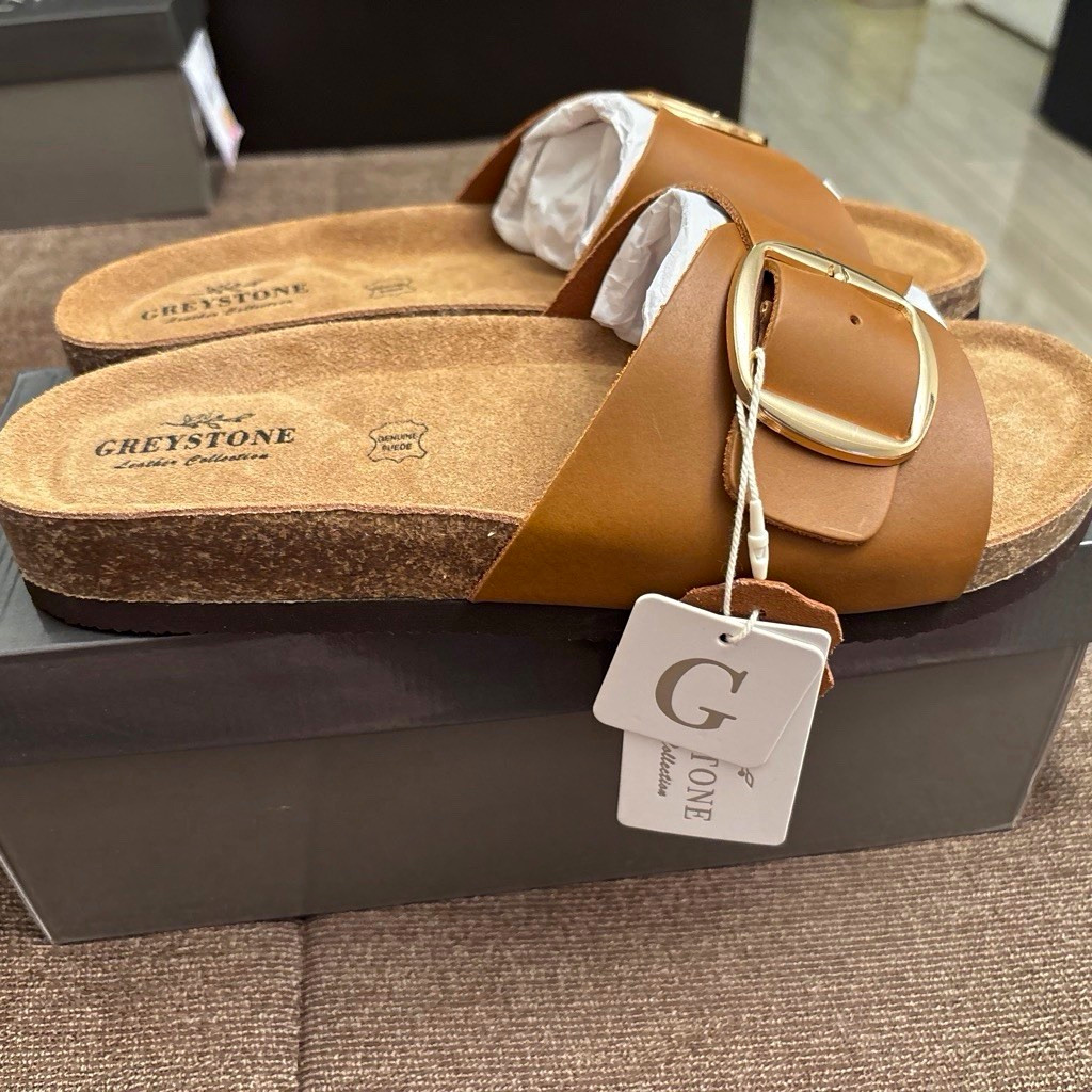Greystone Women’s US 9 Brown Leather Slide Sandals Buckle Strap Casual