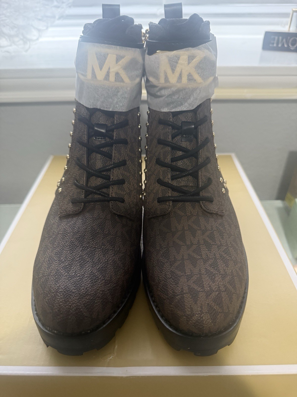 Michael Kors Kincaid Logo Studded Combat Boot Brown/Black 6/6.5/7/7.5/8/8.5/9