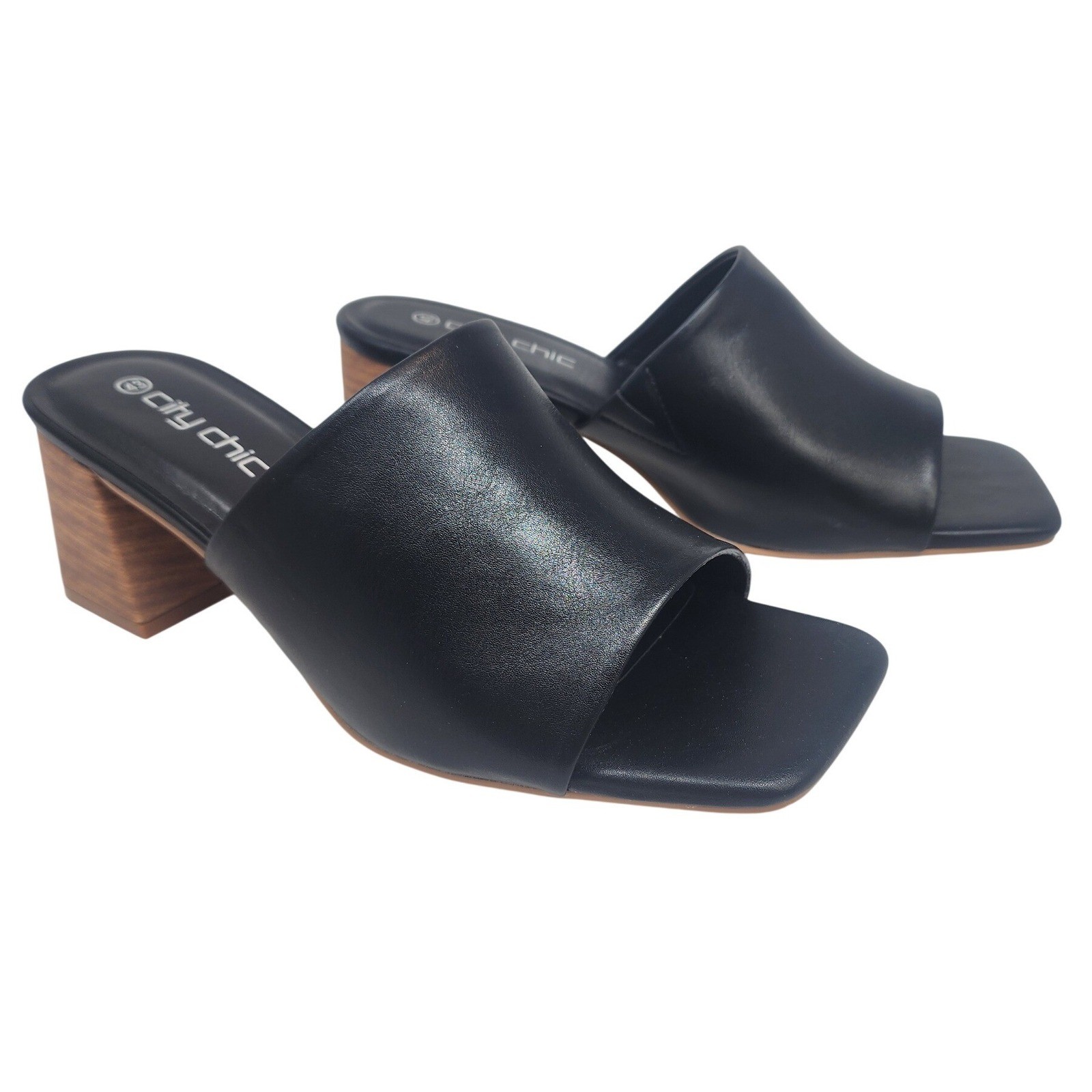 City Chic Heel Hazel Black Square Toe Block Heel Mules Sandals 12W NEW