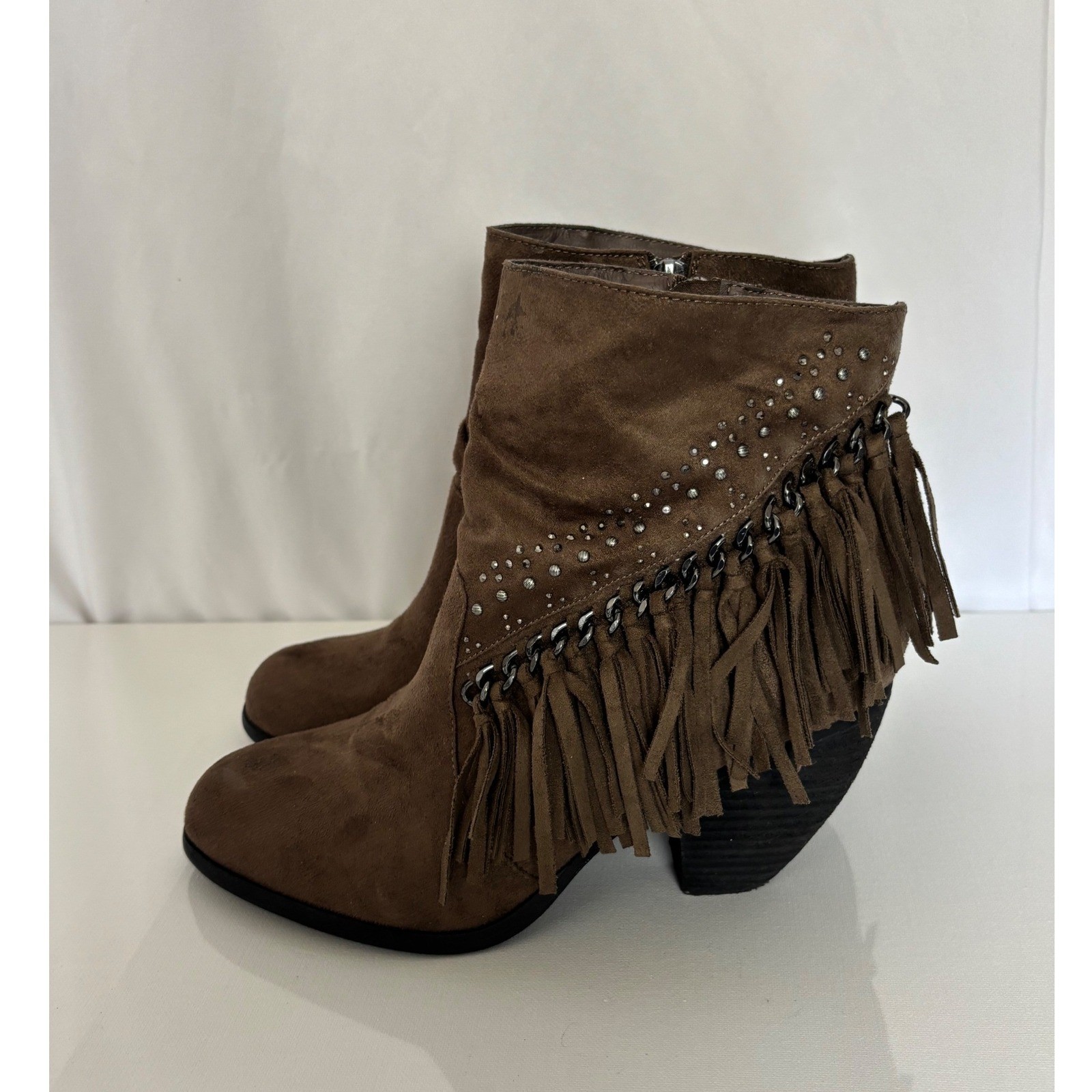 Not Rated Brown Fringe Studded Ankle Boots Boho Western Booties Size 10