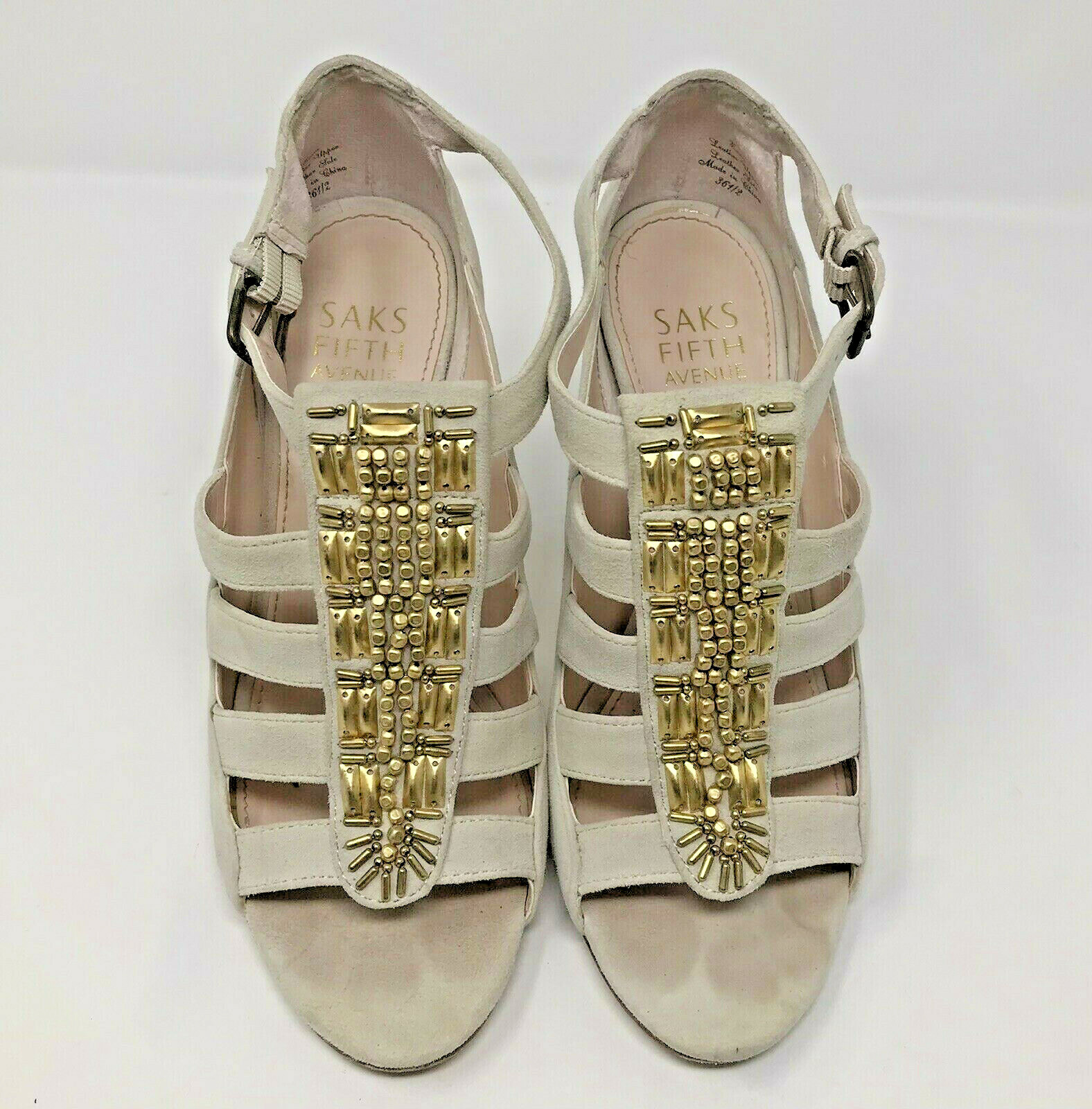 Saks Fifth Avenue Leather Lona Peep Toe Shoes Heels Womens US 6.5 EU 36 1/2 Bone