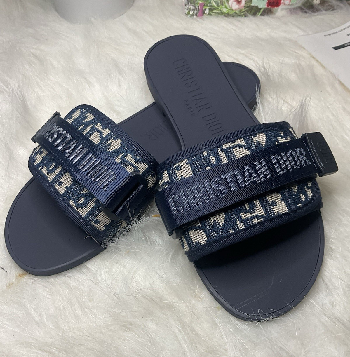 Dior Blue Logo Slide Sandals Women’s Slip On Cotton Blend US 7.5 EU 39