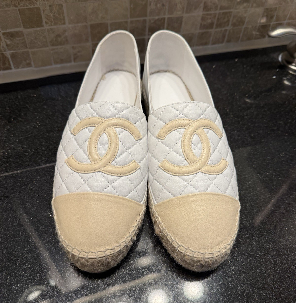 CHANEL Quilted CC Logo Slip-On Espadrille Flats White/Beige US 10 Std