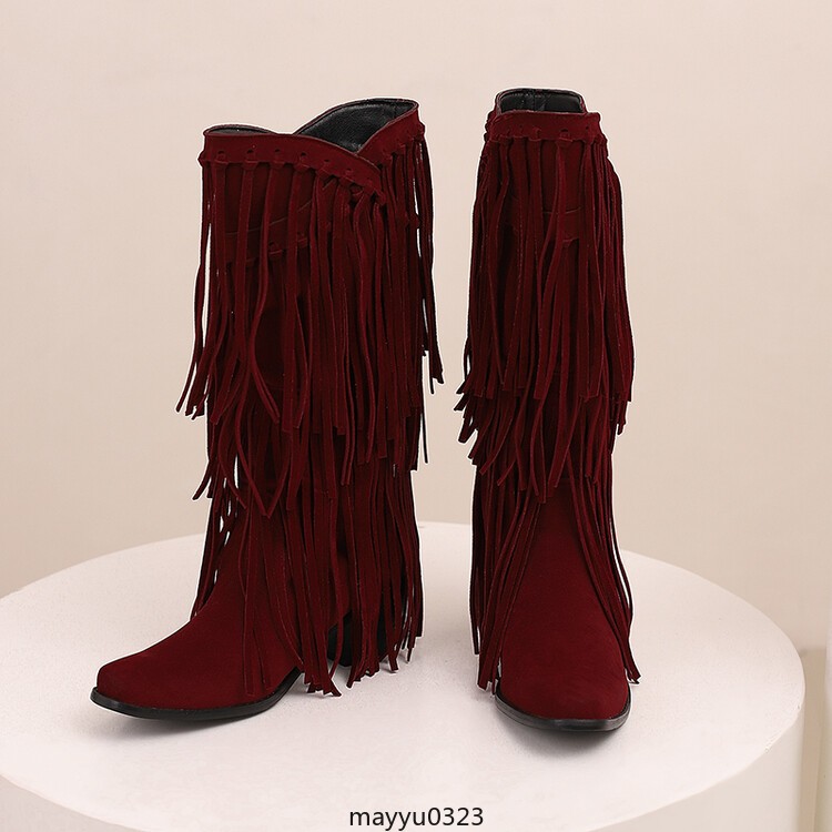 Womens Tassel Fringe Mid Calf Boots Mid Block Heel Western Cowgirl Shoes Hot