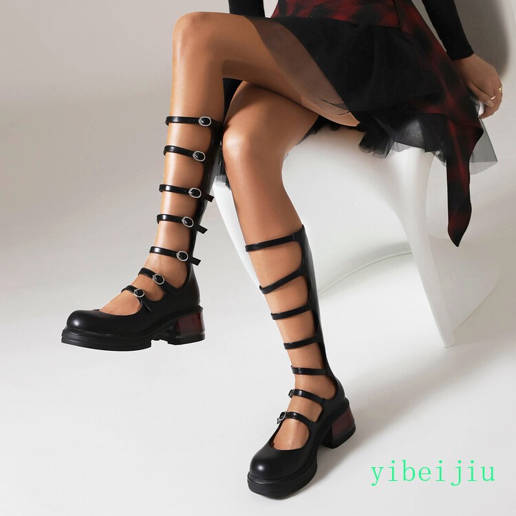 2025 Women’s Platform Low Cuban Heel Multi Buckles Knee High Mary Janes Shoes OL