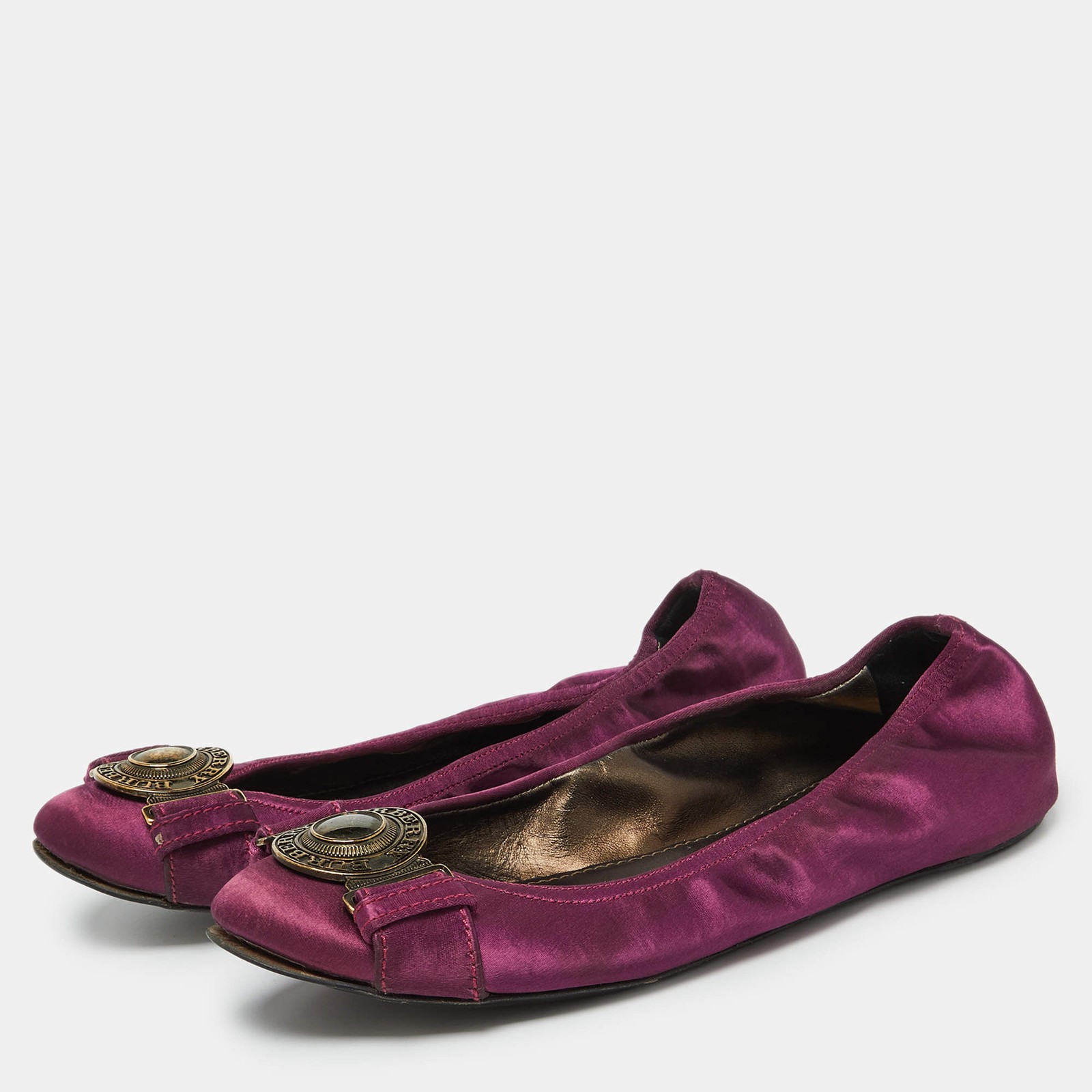 Burberry Purple Satin Buckle Logo Scrunch Ballet Flats Size 37