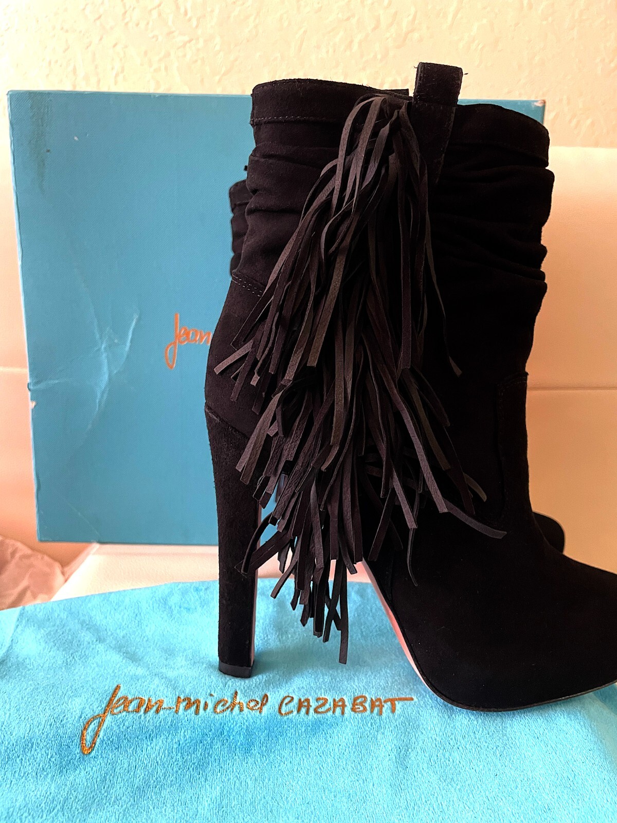 JEAN-MICHEL CAZABAT Suede Fringe Trim Accent Ankle Booties (EU37)