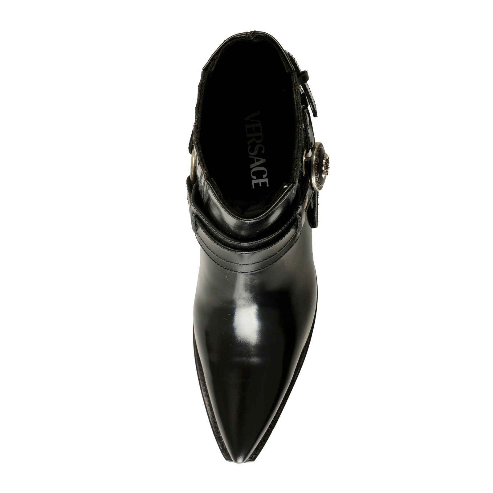 Versace Women’s Black Leather Silver Medusa Heeled Booties Shoes US 6 IT 36