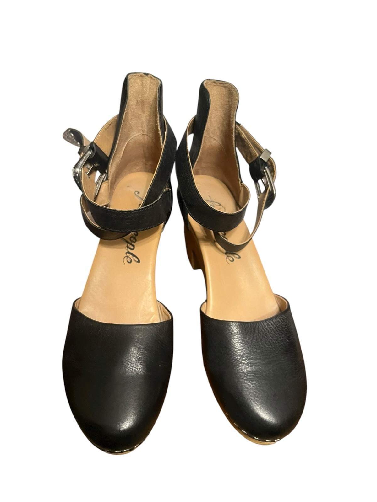 Free People Sz 39/ US 8.5Andora Black Leather Wood Platform Clogs Western Buckle
