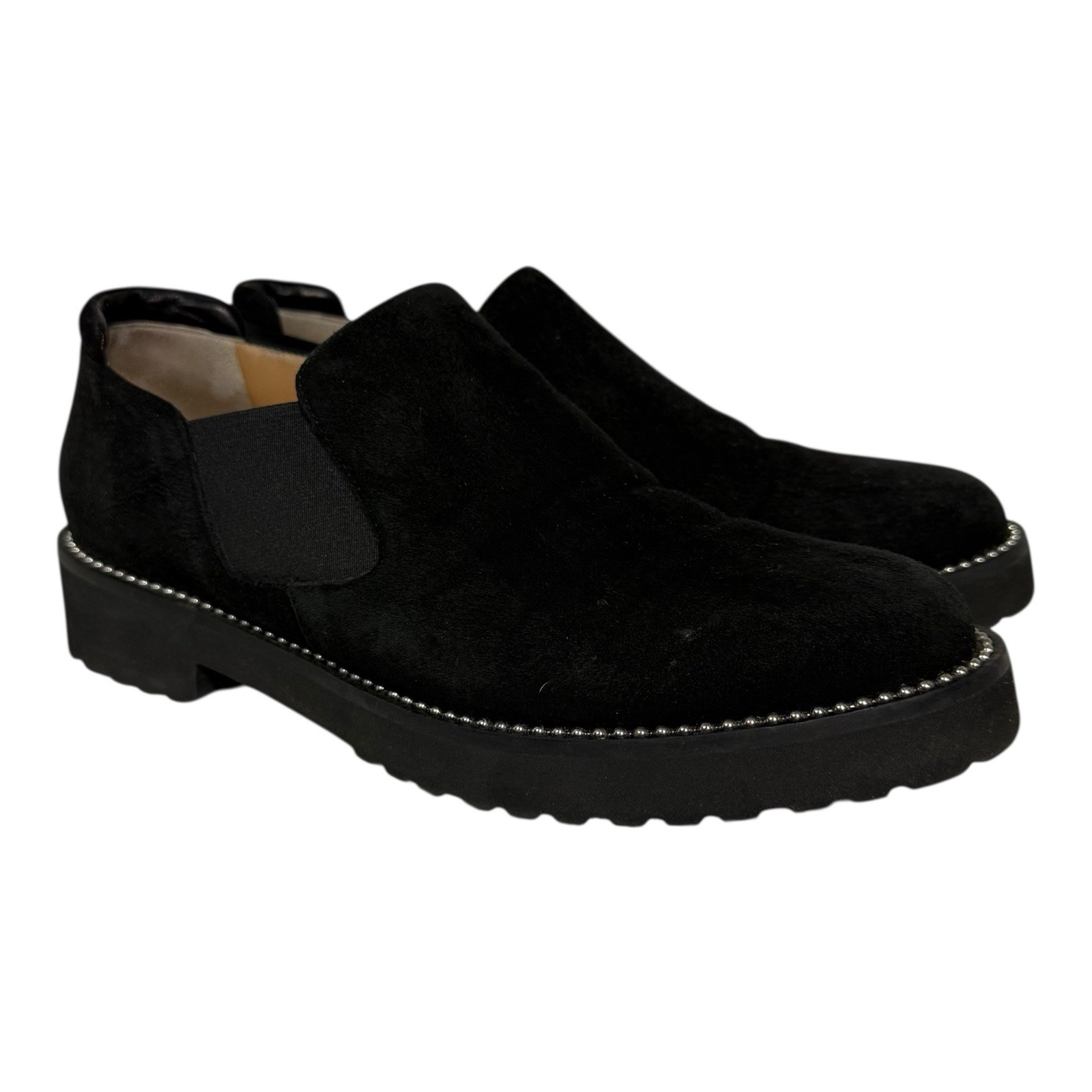 RUSSELL & BROMLEY Black Suede Studded Slip On Loafers Italy EUR 38.5 US 8.5