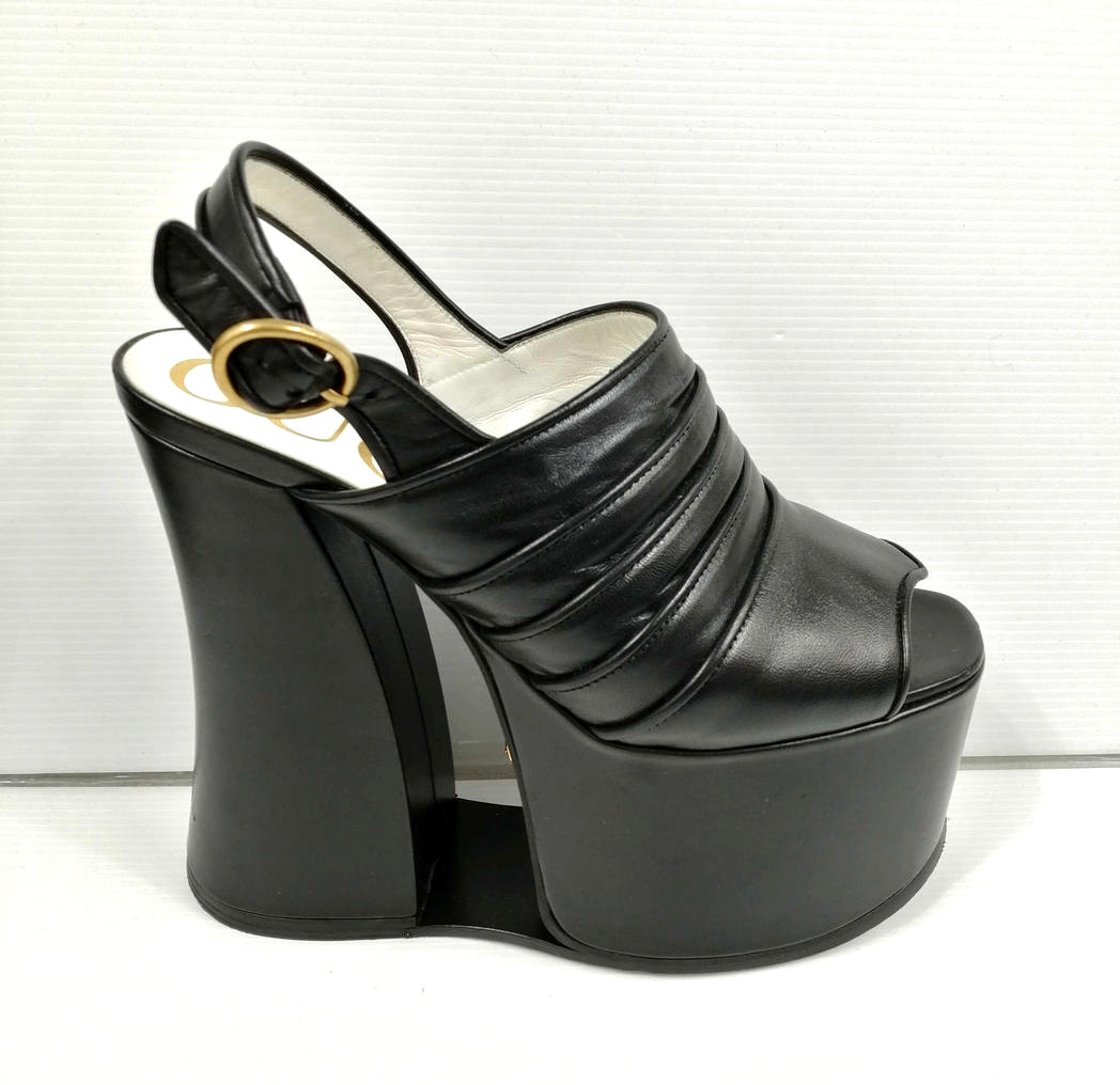 Gucci Black Anais Platform Sandals Leather 617626 Size 36.5 US 6.5 with Box