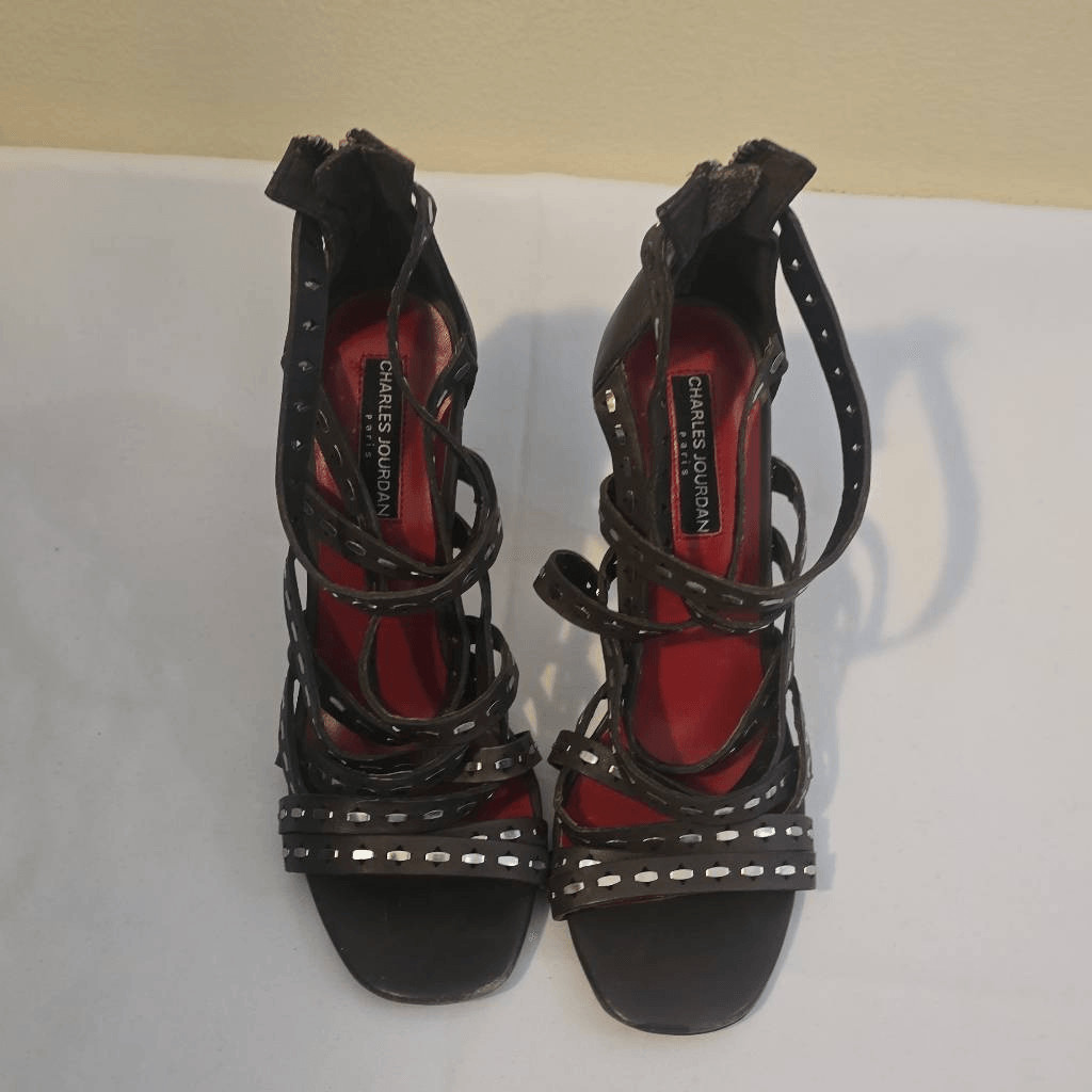 Charles Jourdan Brownish Gray Leather Sandals w/Heels, Flat Studs, Size 9, NEW