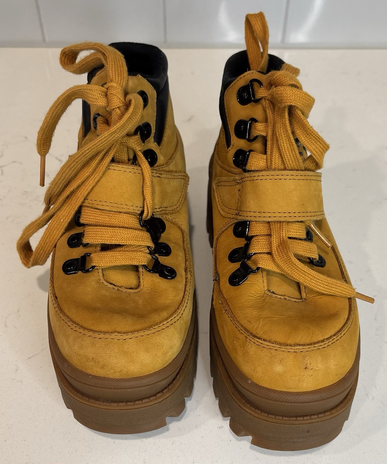JEFFREY CAMPBELL Top Peak Platform Hiking Boots Mustard Yellow Lug Sole Chunky