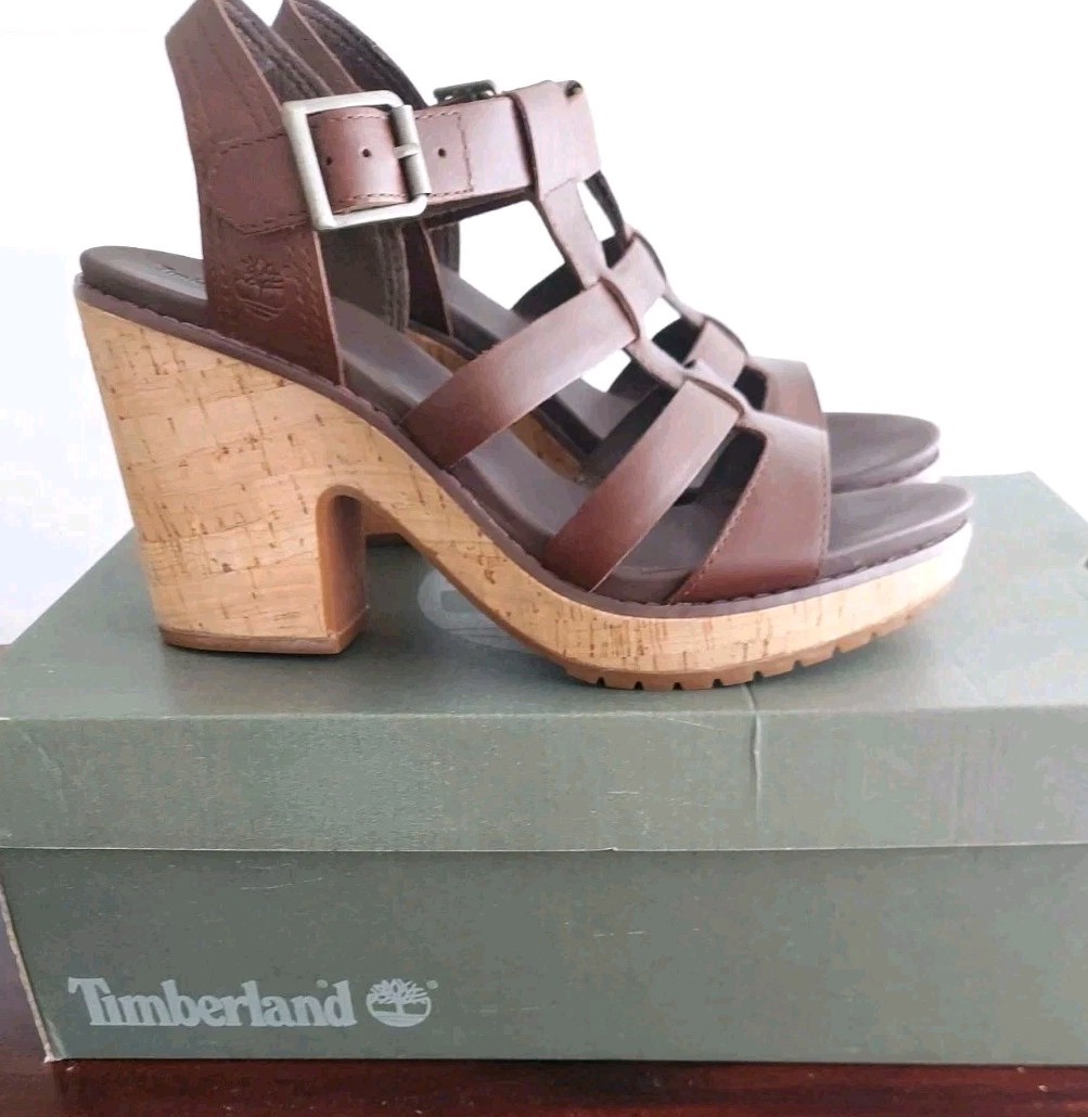 Timberland Roslyn Fisherman Sz 10 Brown Cork Platform Chunky Block Heel Sandals