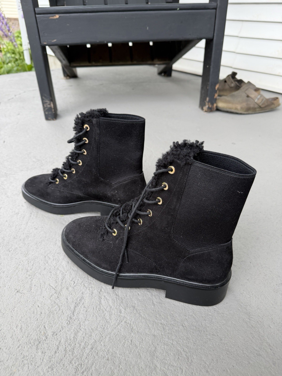 Stuart Weitzman Henley Chill Suede Shearling Combat Ankle Boots, Size 8