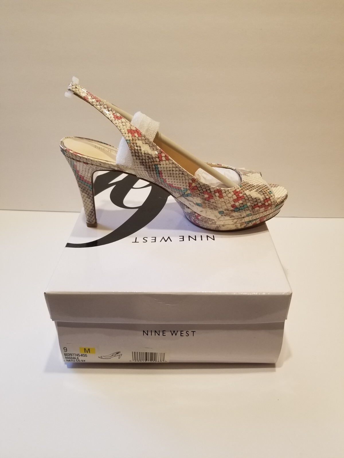 Nine West Peep Toe Slingback Able Heels Snakeskin Look Platform Buckle Size 9M