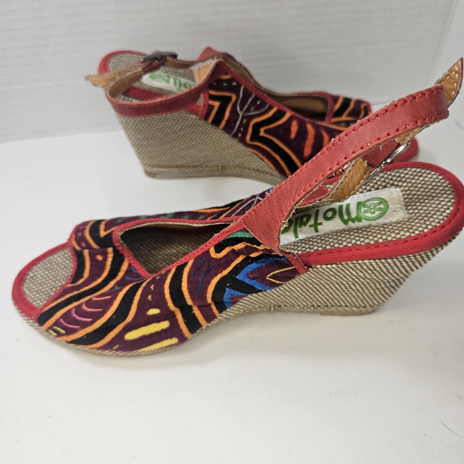 Motalas Handmade Wedge Sandals Size 38 Colombia Tribal Textile Leather Boho 7.5