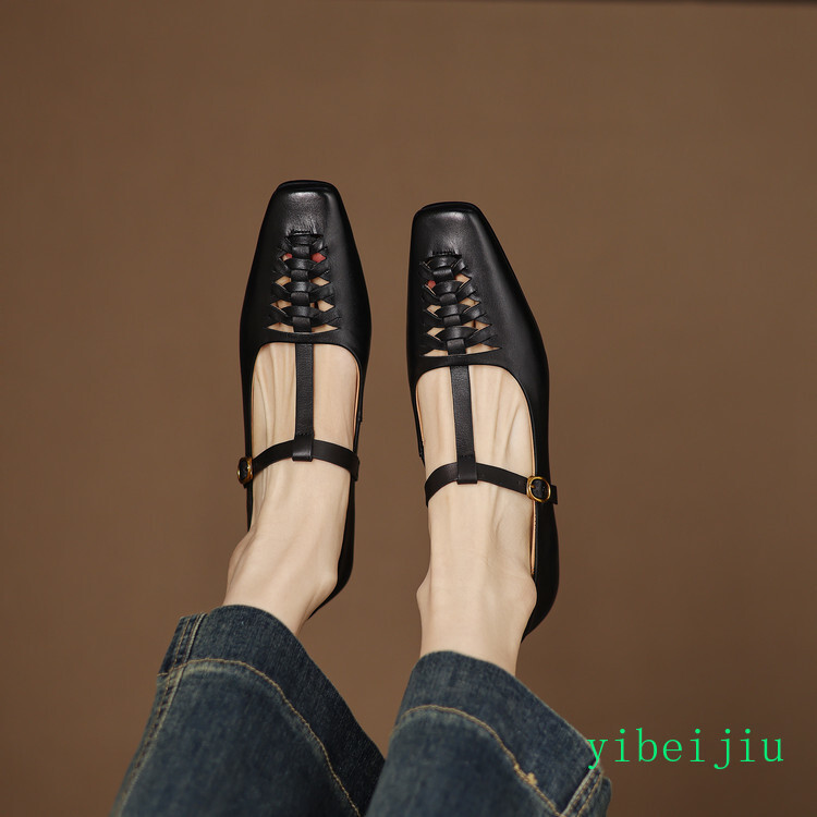 Women’s Leather T Strap Flats Square Toe Oxfords Casual Buckle Hollow Out Shoes