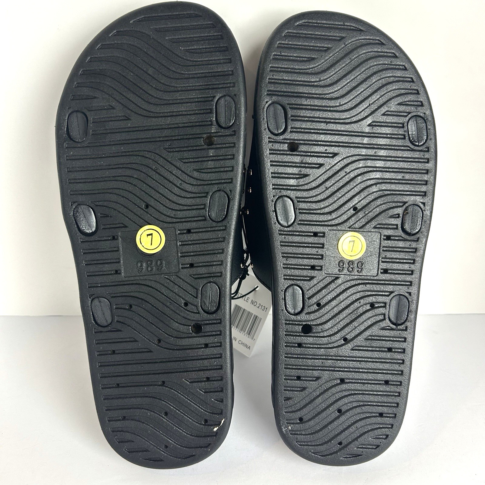 NWT Niki Slip On Sandals Womens 7 Black Wide Strap Gold Buckle Studded Sandals