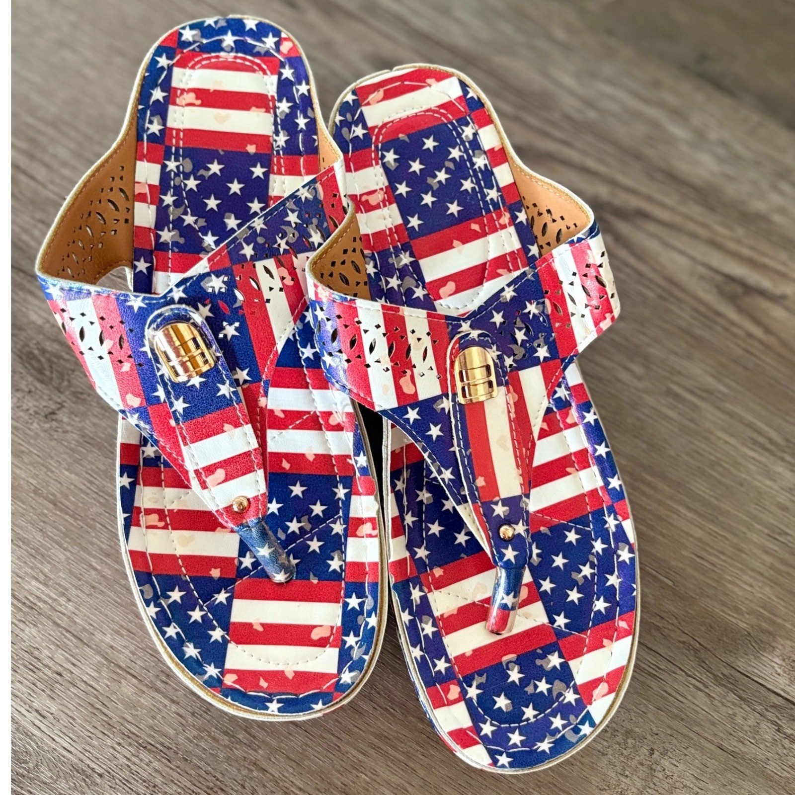 Women Shoes Patriotic American Flag Print Stars Stripes Wedge Slides Size 41