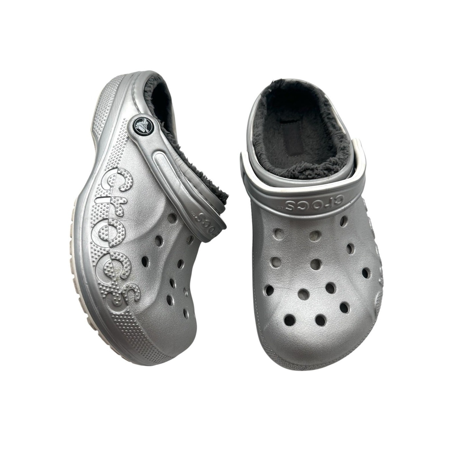 Crocs Baya Metallic Silver Fur Lined Slip-on Clogs Women’s Size 8