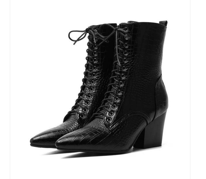 Women’s Pointed Toe Lace Up Zip Mid Heels Ankle Boots Ladies Office Formal Shoes