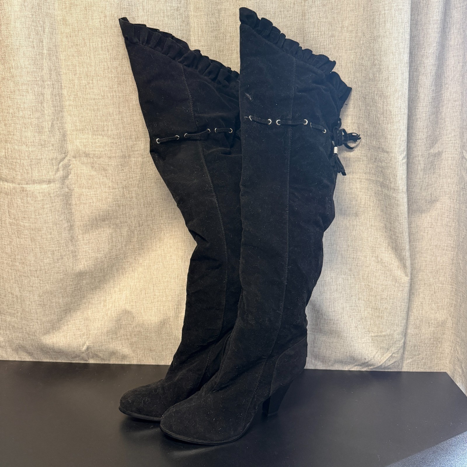 Pastry Knee High Boots Women’s 10M Black Suede Cone Heeled Almond Toe Ruffles