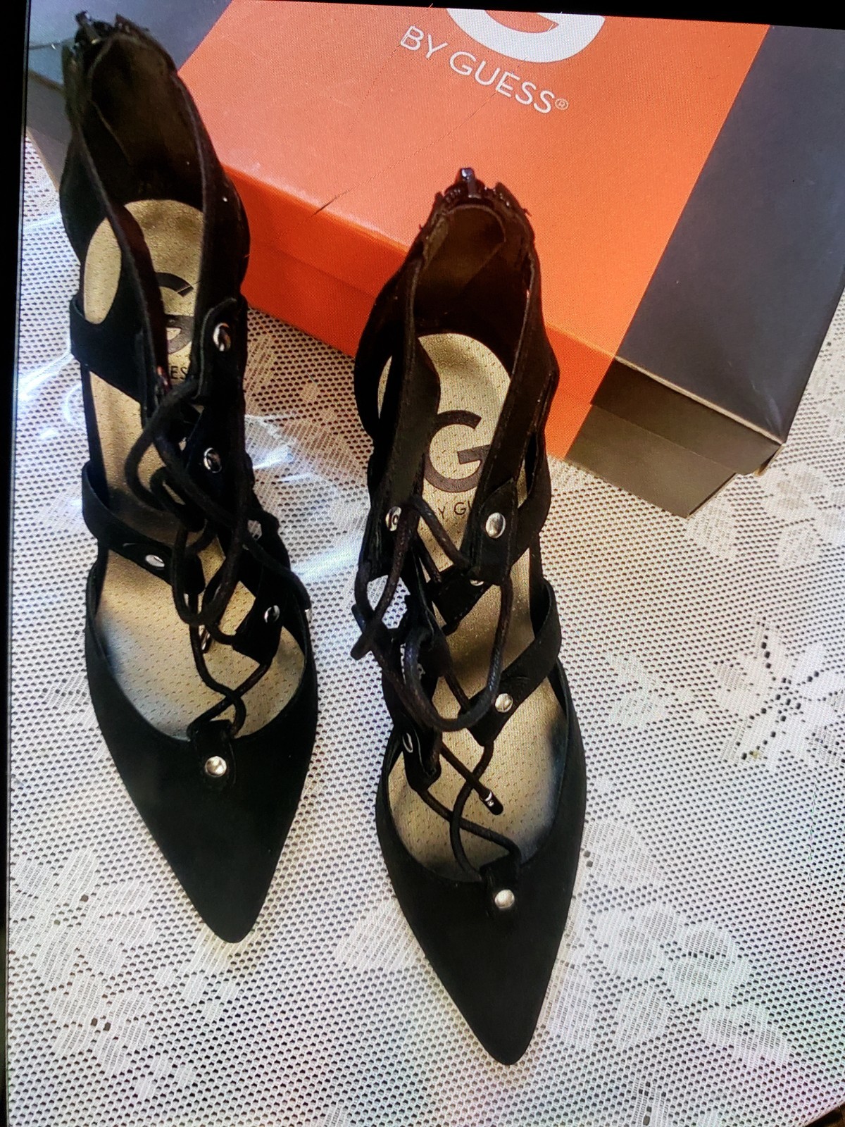 G by GUESS Black Lace-Up Pointed Toe Strappy Stiletto Heels 7.5 M