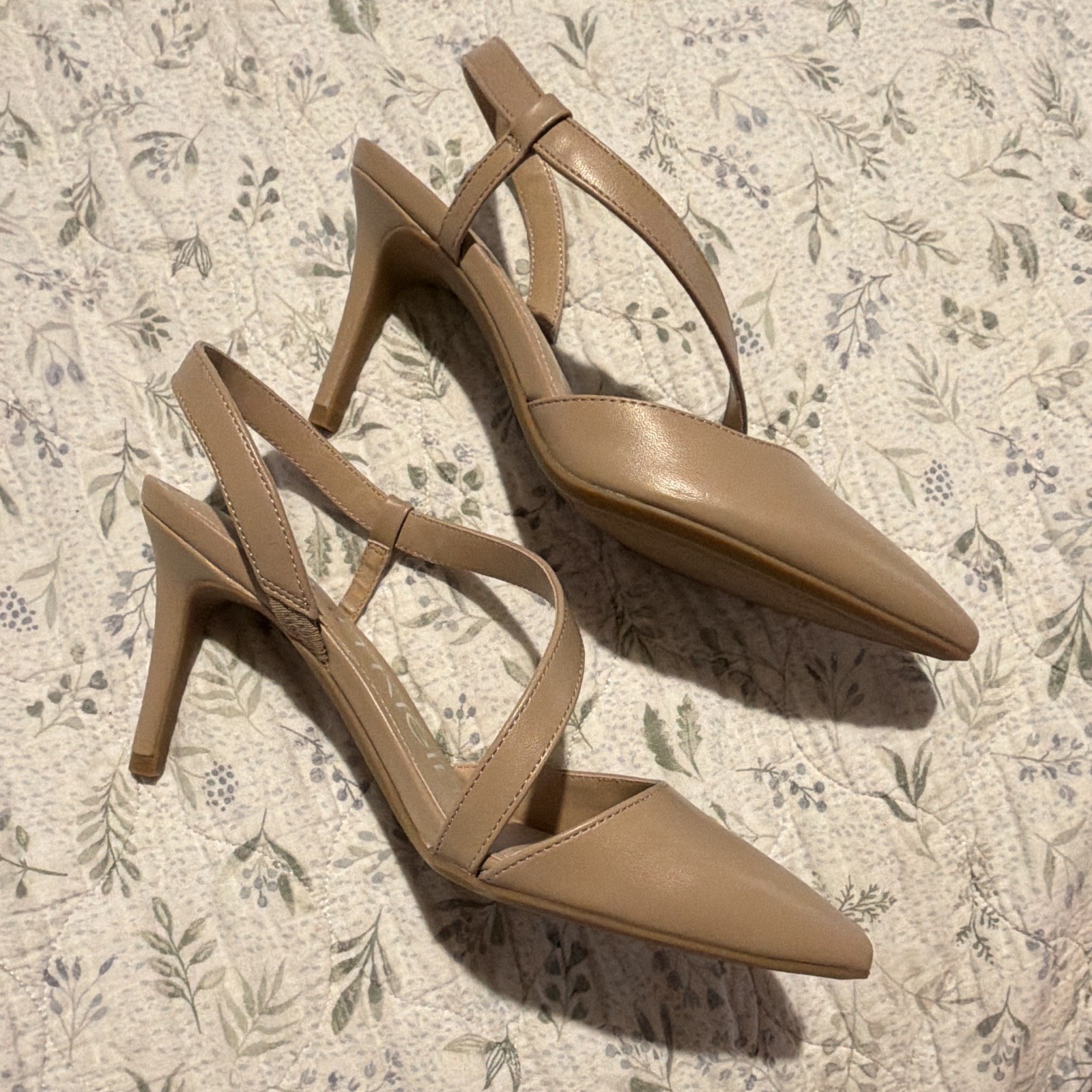 Calvin Klein Women’s Beige Faux Leather Strappy Pointed Toe Slingback Pumps