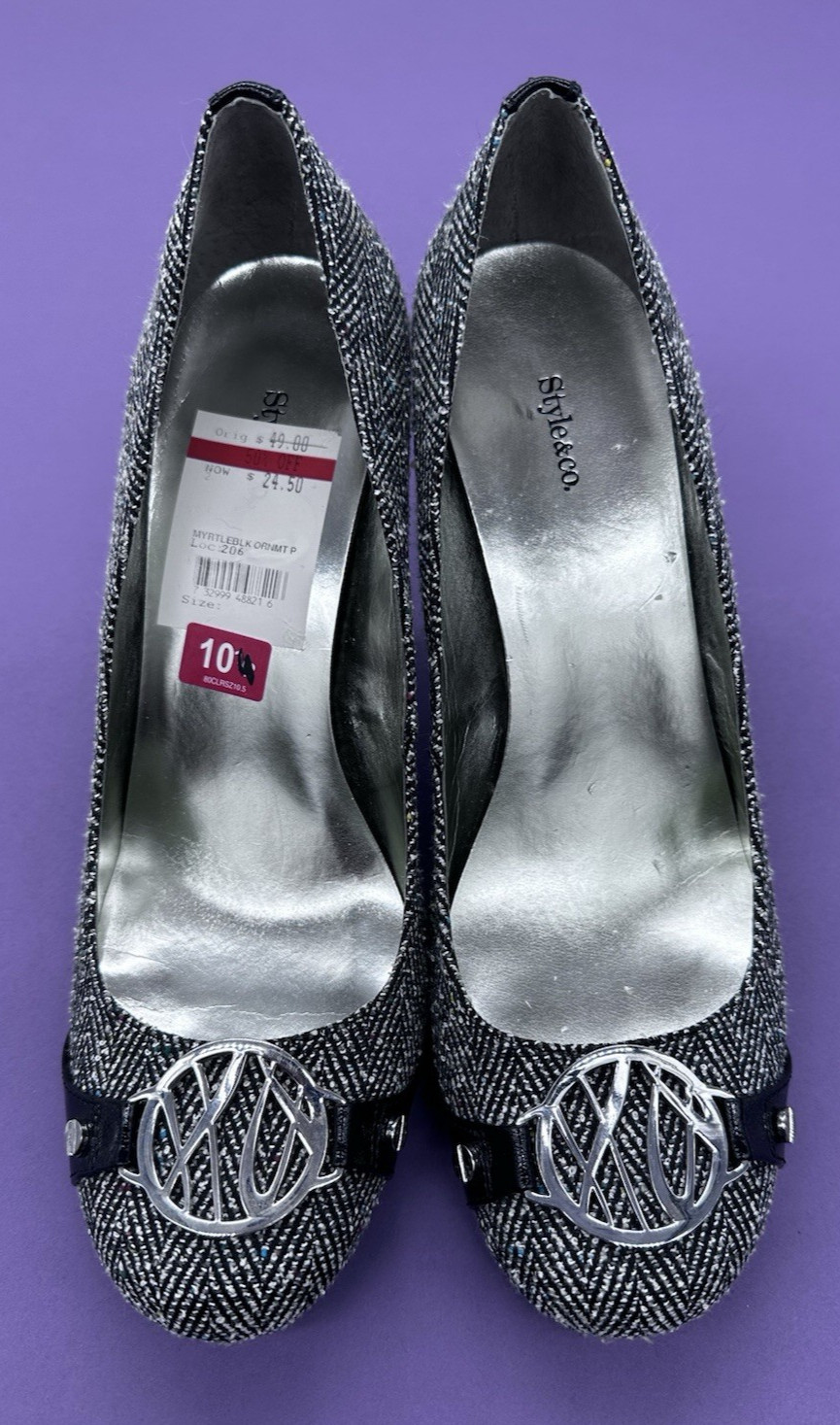 Style & Co Womens Black/Gray Herringbone High Cone Heel/Silver Metal Emblem Sz10