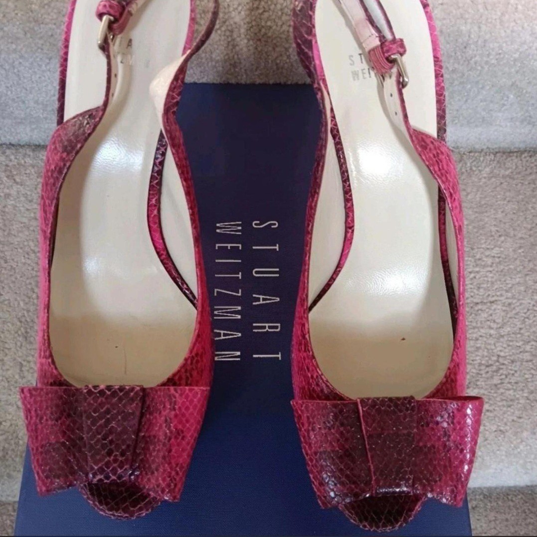 Stuart Weitzman Fuschia Snakeskin Slingback Peep-Toe Platform Stilettos Sz 10