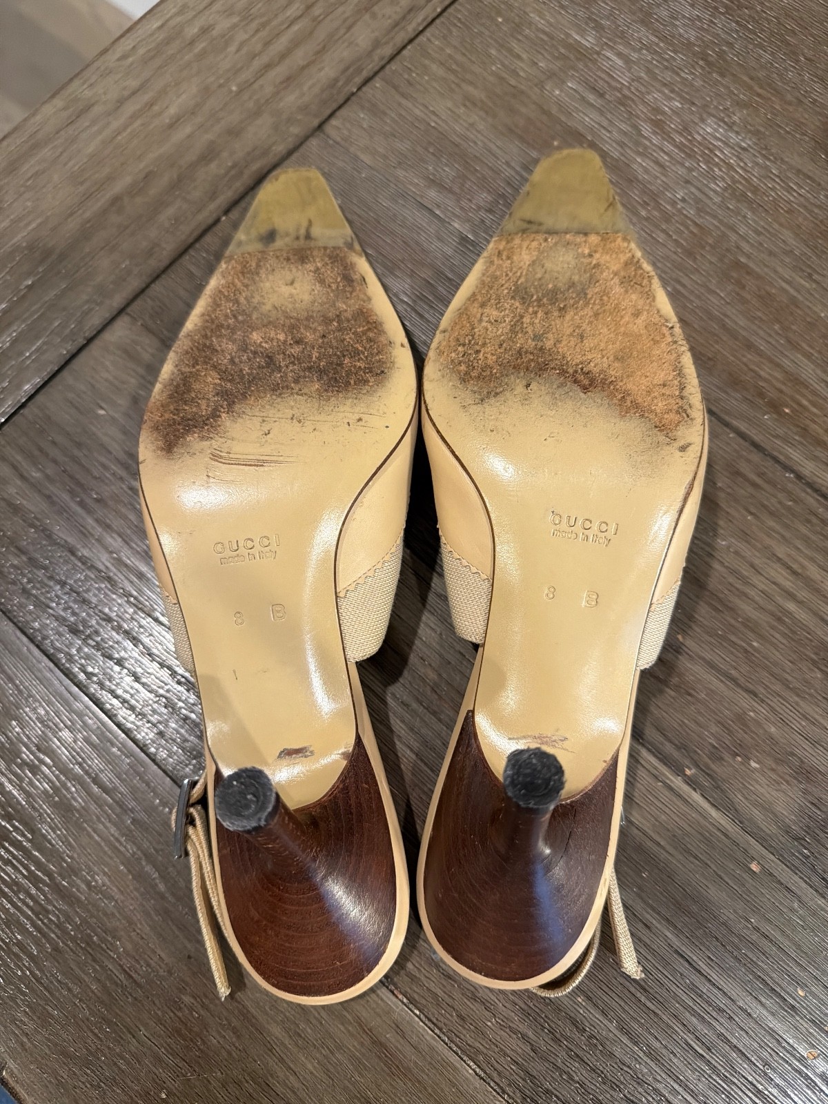 GUCCI Vintage Beige Leather Canvas Sling Back Heels Pumps Women’s 8 B