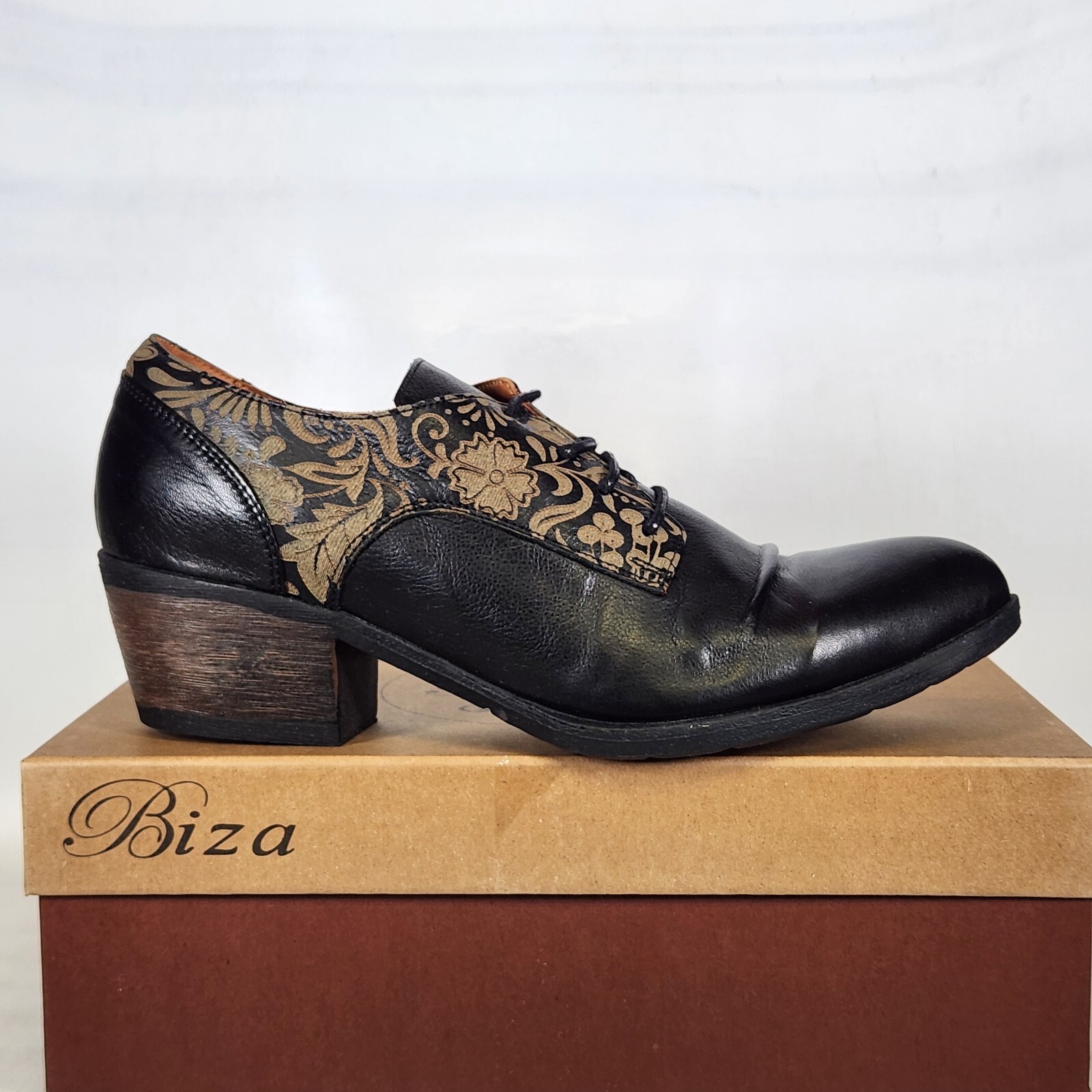 Vintage Style Antique Biza Valor Short Heel Oxford Bootie Black Leather Size 10