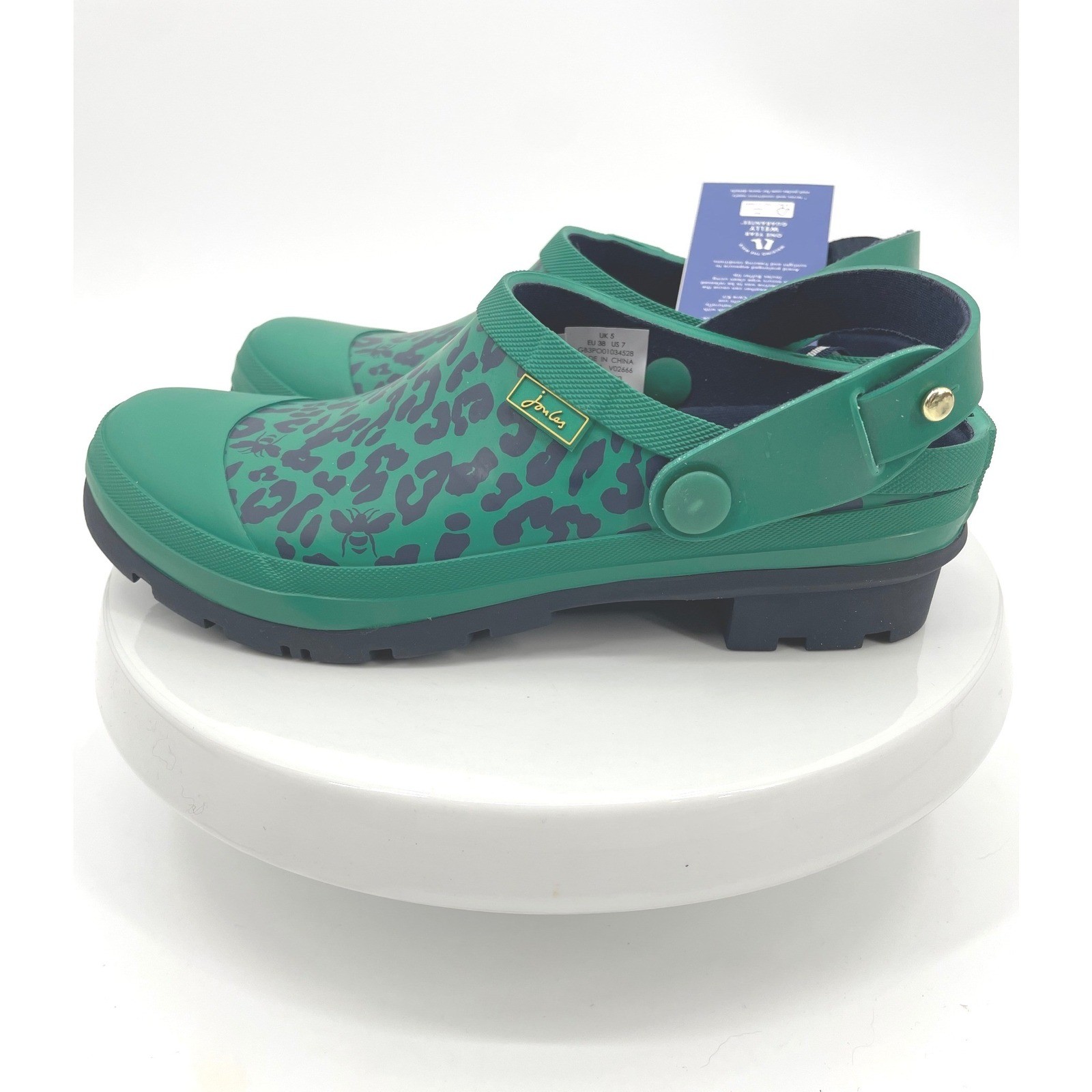Joules Welly Clog Womens 7 Green Rubber Leopard Print Waterproof Rain Garden