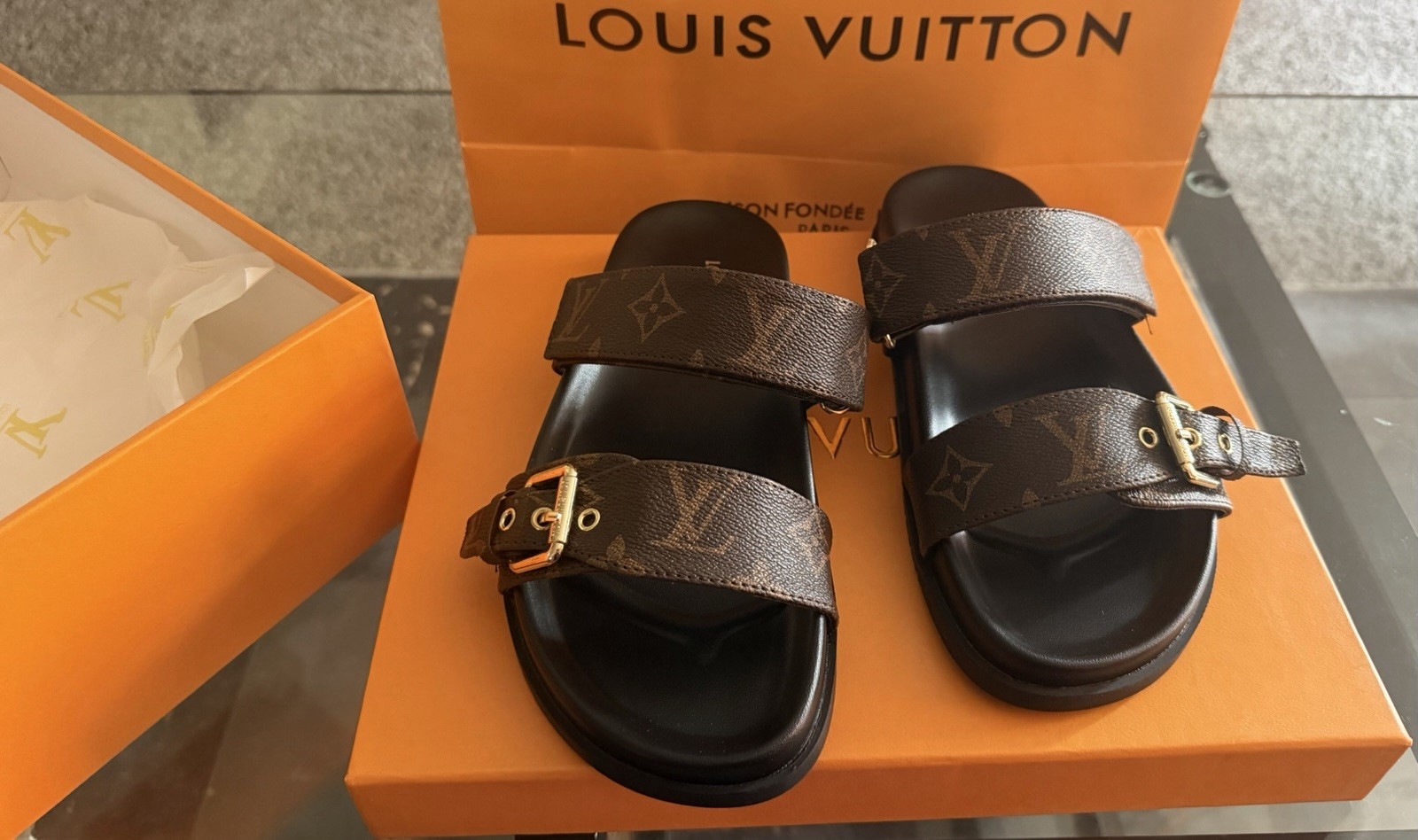 Louis Vuitton Women’s Monogram Double Strap Buckle Adjustable Slide Sandals