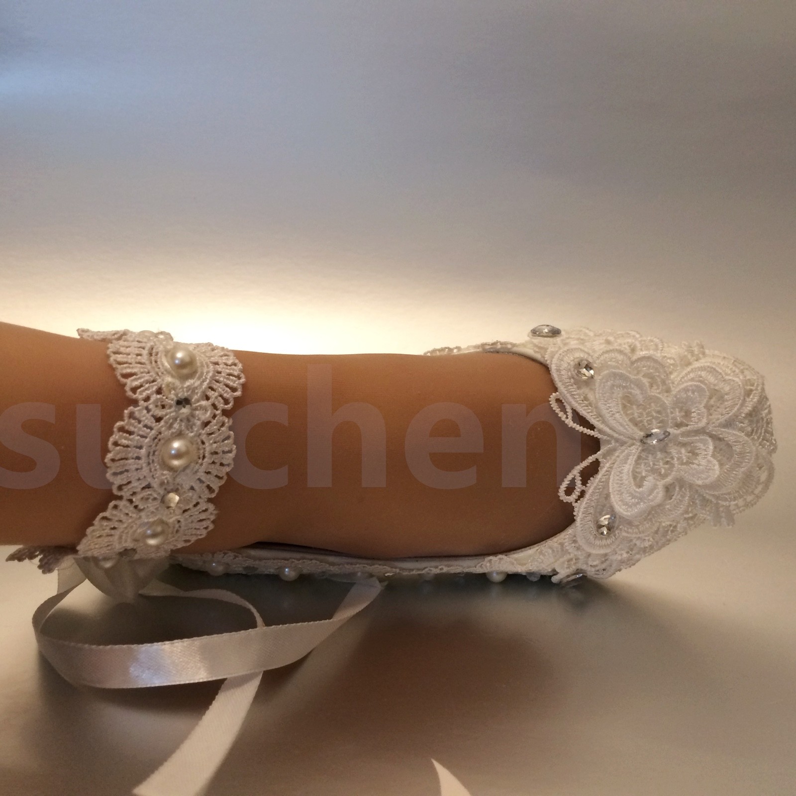 su.cheny White ivory wedge pearls lace ribbon anklet Wedding Bridal heels shoes
