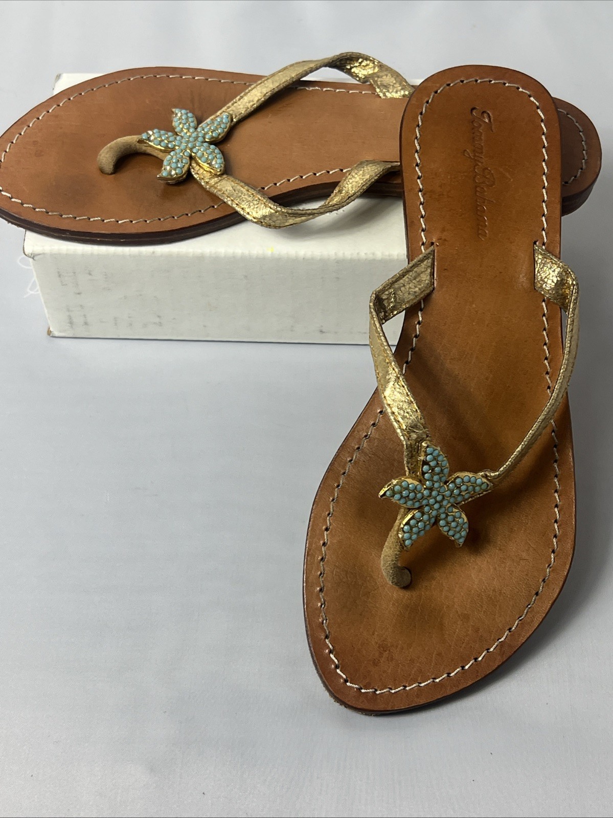 Tommy Bahama Sandals Beaded Blue & Gold Starfish Nautical Flip Flops Sz 9