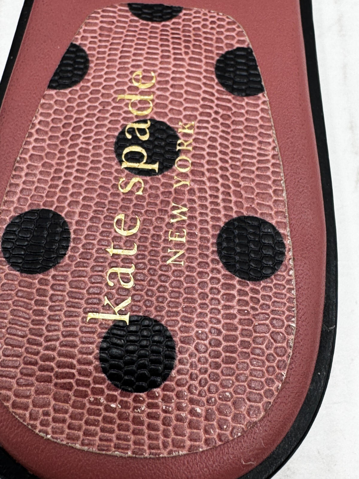 Kate Spade Dock Women’s Sandals Size 7.5 Pink Black Polka Dot Leather Flat Shoes