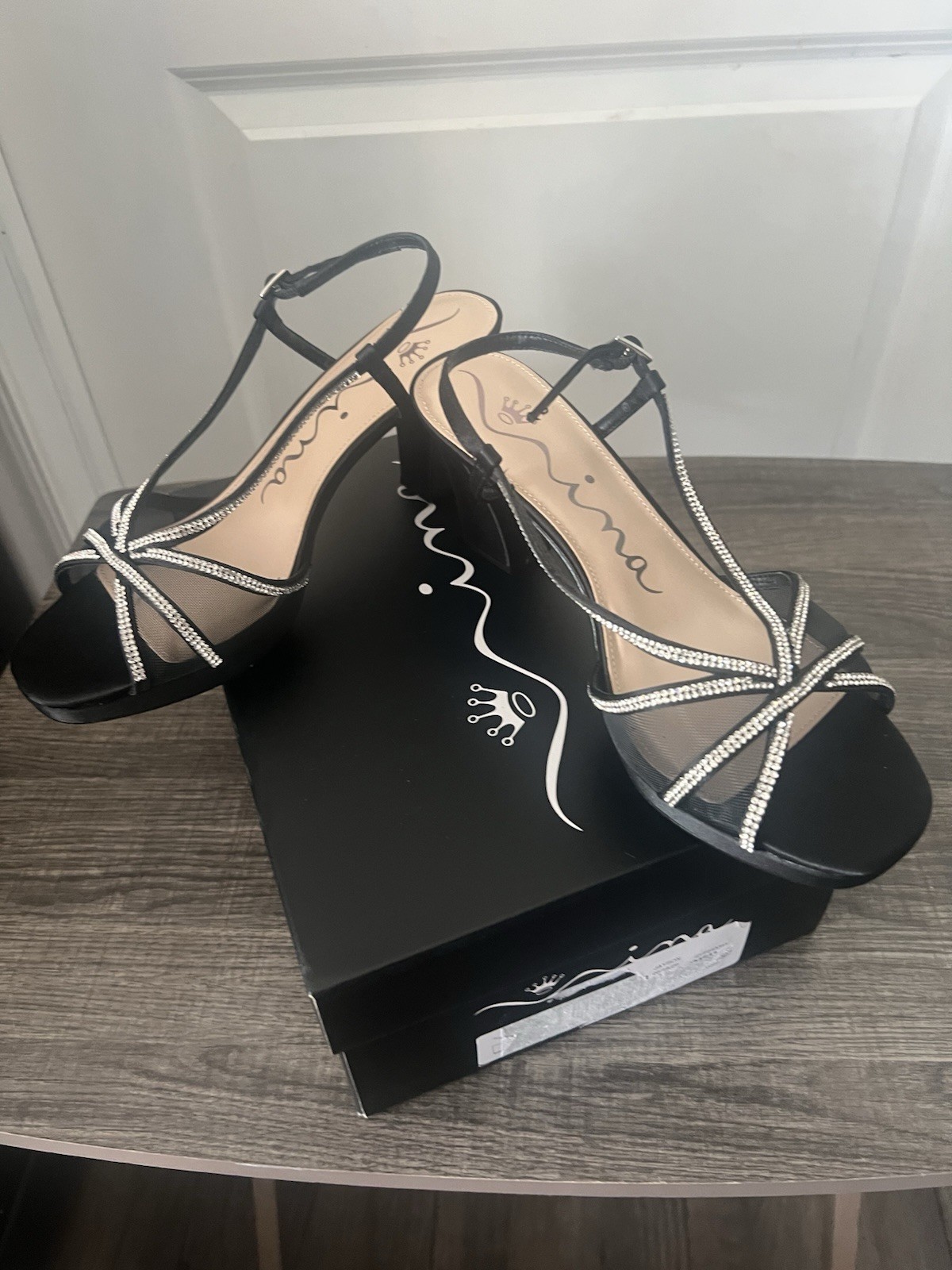 Nina Women’s 9 Black/Silver Strappy Rhinestone Open Toe Ankle Strap Heels