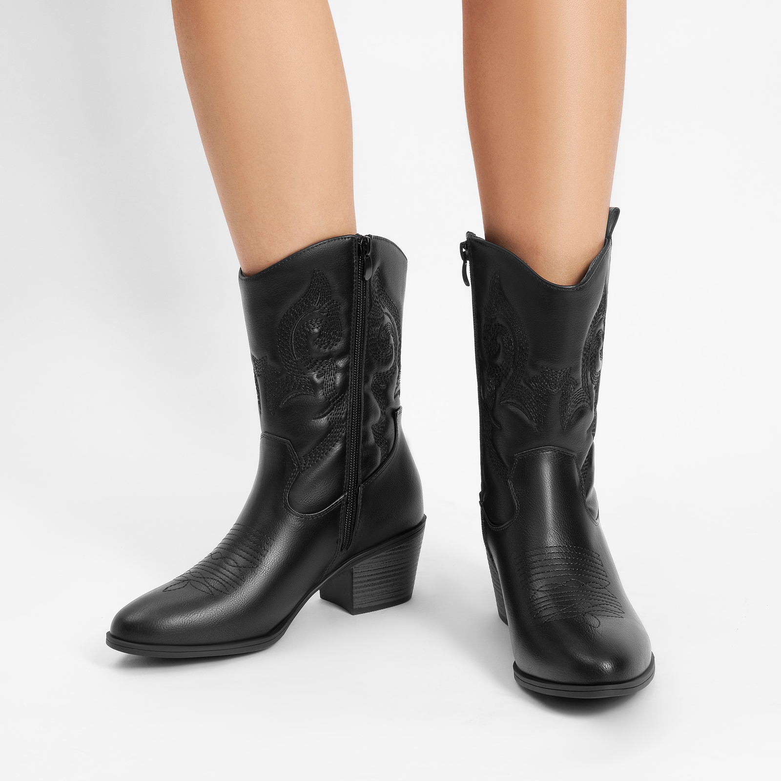 Women Western Boots Mid Calf Cowboy Cowgirl Boots Low Heels Fall Winter Boots