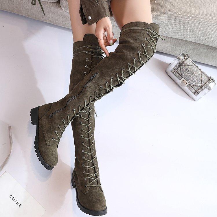 Womens Fashion Casual Youth Retro Gothic Low Heel Lace Up Knee High Riding Boots