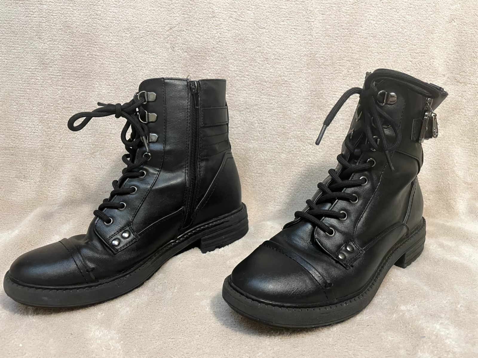 GBG Los Angeles Combat-Style Ankle Black Boots Size 7.5 M Zipper Buckle Lace-Up