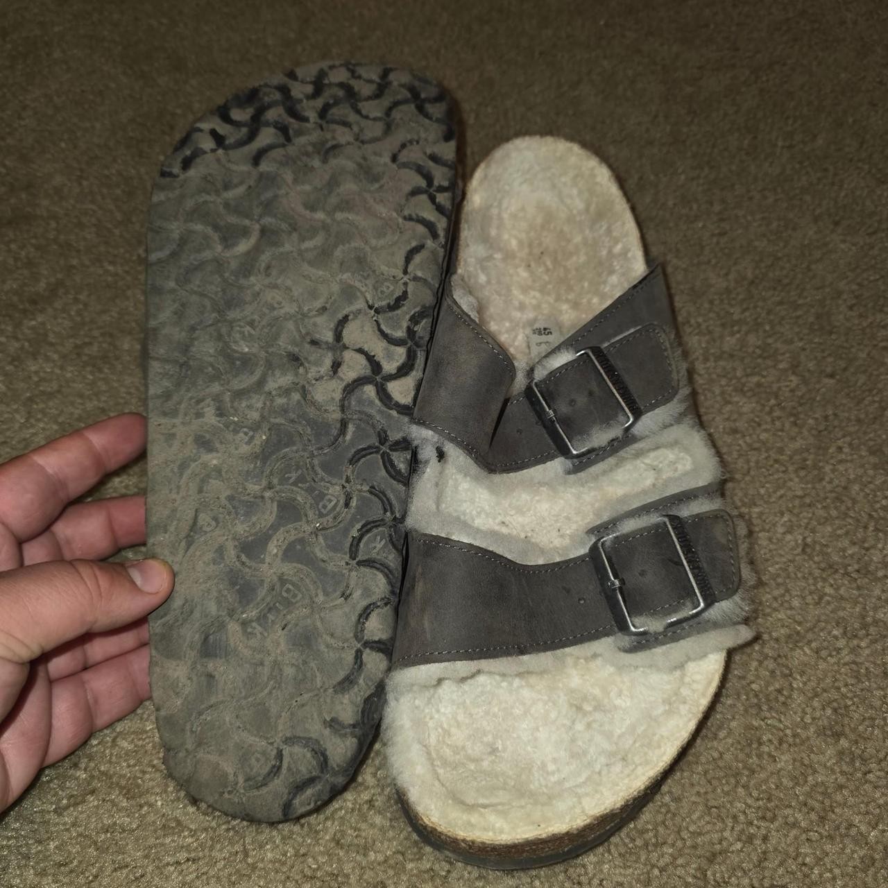 Birkenstock Shearling Lined Two-Strap Buckle Slide Sandals Leather Gray 38