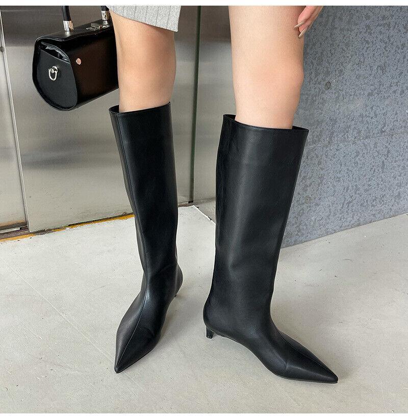 Womens Pointed Toe Pull on Knee High Knight Boots Low Kitten Heel Casual Shoes