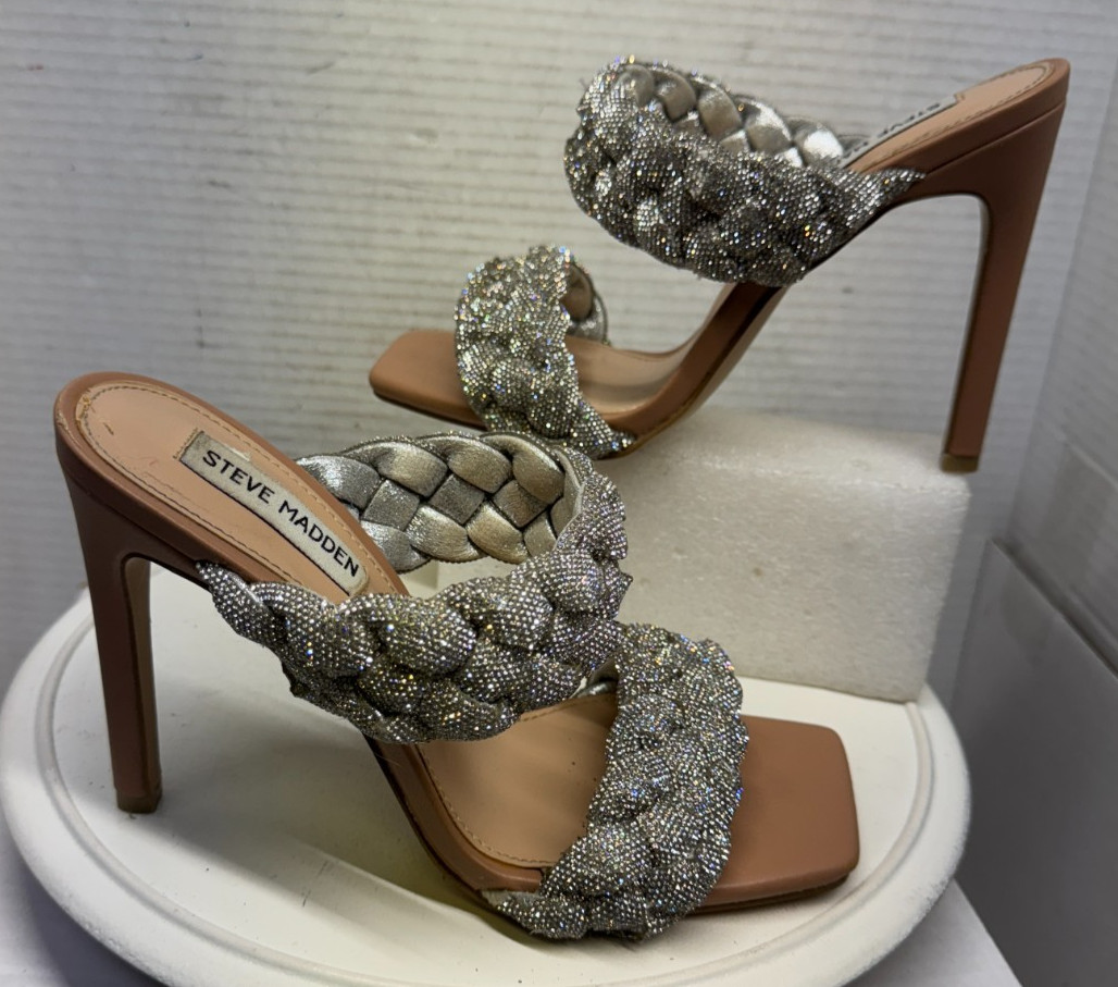 Steve Madden Kenley Silver Rhinestone Braided 4.25 High Heel Sandals Womens 7.5