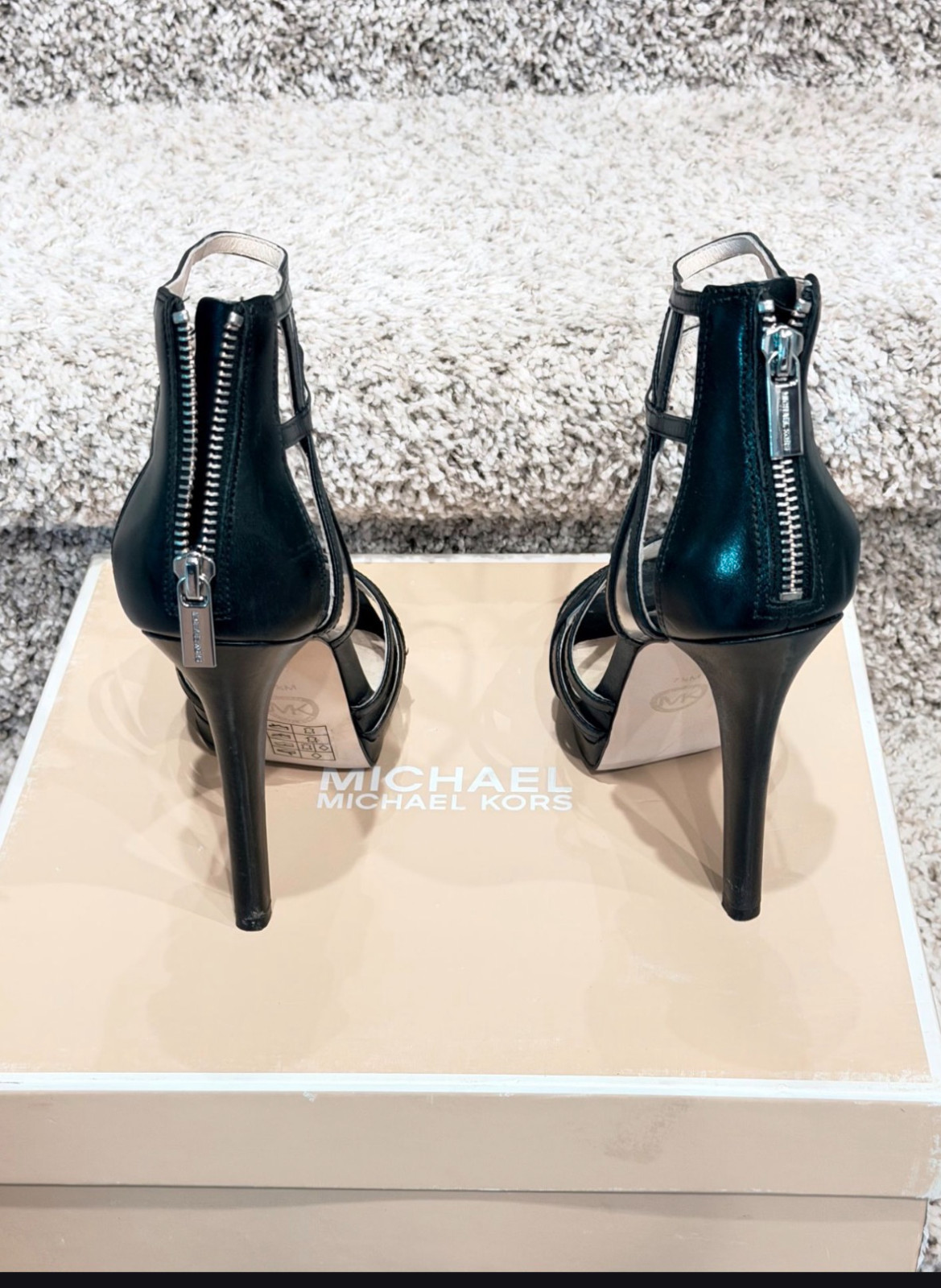 MICHAEL Michael Kors Jaida Back Zip Heeled Sandals Black Silver Strappy Stiletto