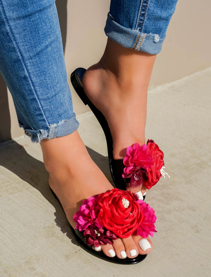 Palms Rosette Flowers 3D Pink White  / Red Black Floral Jelly Slides Sandals