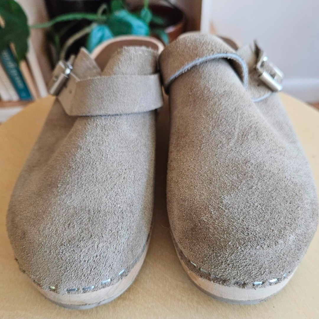 mia taupe suede leather slides mules clogs retro boho cottage hippie indie urban