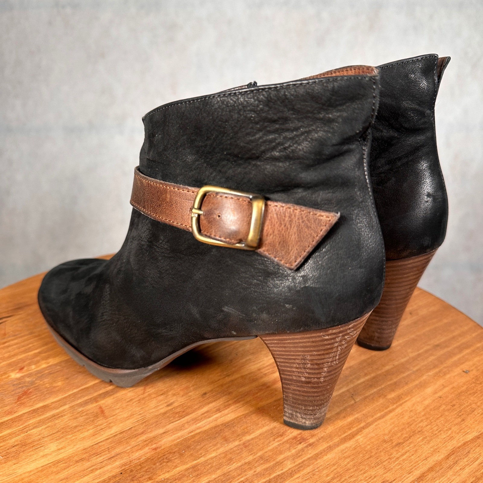 Paul Green Leather Ankle Boots Women 7 Black Brown Good Buckle Side Zip